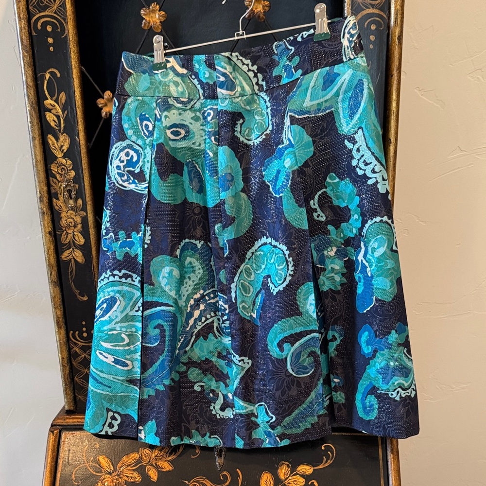 Tory Burch A-Line Skirt in Navy and Turquoise Paisley